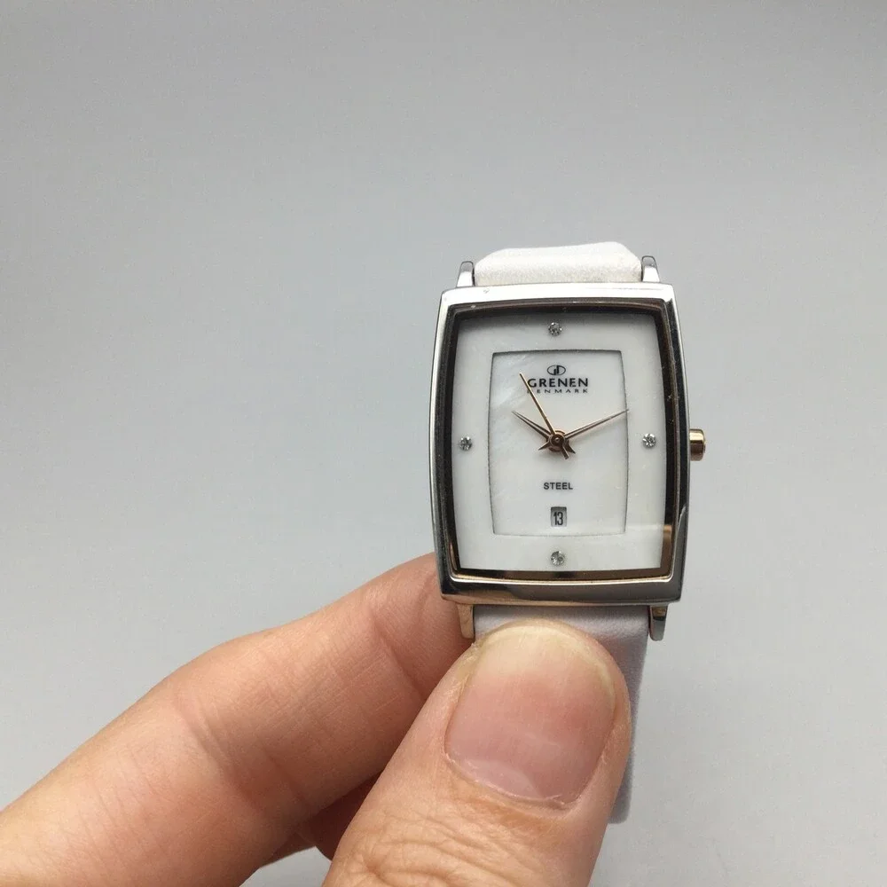 Grenen Denmark Watch Women 23mm Steel Case White Leather Strap Date New Battery